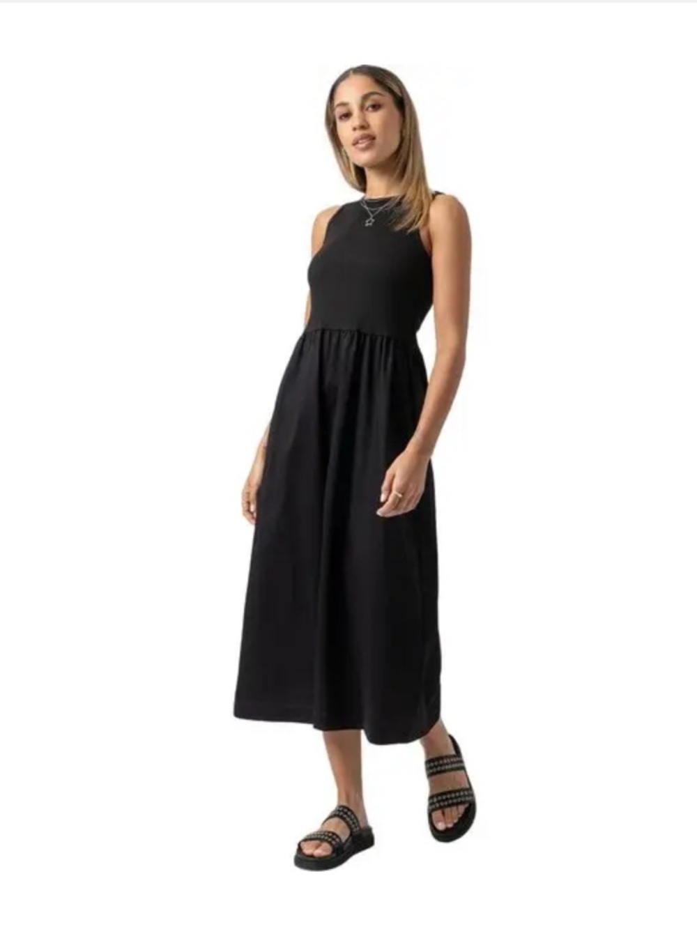 Saint + Sofia Ivy Full Skirt Mixed Media Sleeveless Midi Dress - Black